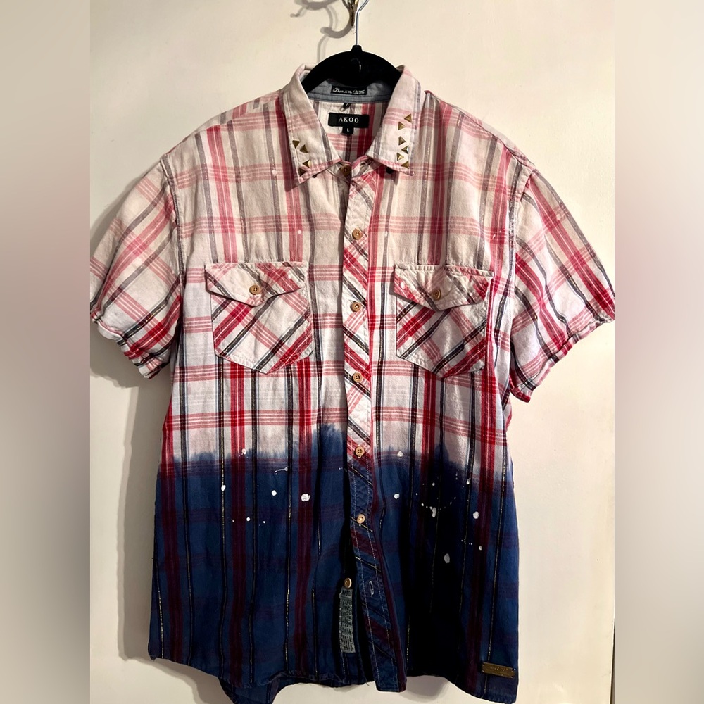 Akoo Tan, Red, and Blue Gradient Mixed Plaid Shirt with Studded Collar-Size‎ L